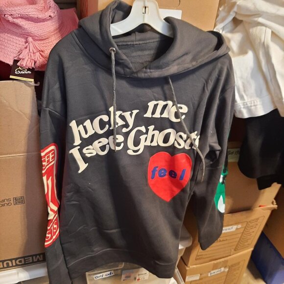 NEW ! Vintage Lucky Me I See Ghosts Hoodie Camp Gray Size L